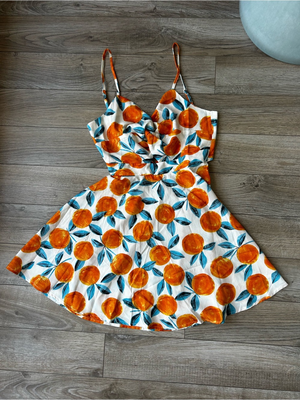 Women’s Orange Print Sundress with Blue Leaf Accents